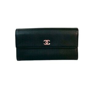 CHANEL Authentic Black Leather Logo Wallet